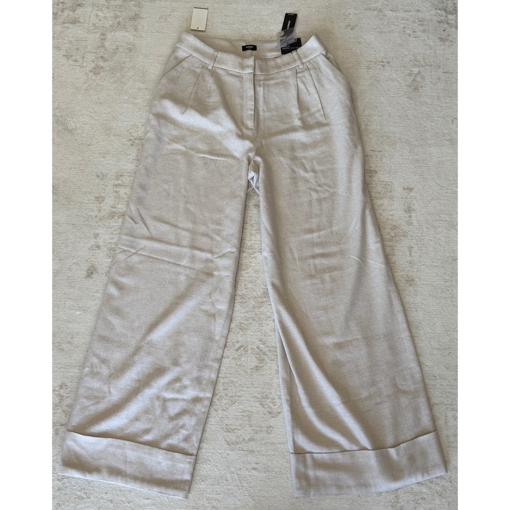 Express Stylist Wide Leg High Rise Pleated Cuffed Trousers Beige 8R NEW